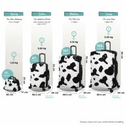 IT Luggage Indulging - 4pc Set (Moo Cow Print) -UK Suitcase Sales Shop Indulging Moo set dims weights d090c1aa 3a53 495a b76b fcaaf108c911