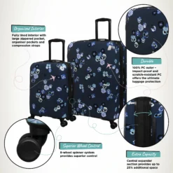 IT Luggage Sheen - 2pc Set (Pansies Floral Blue Depths) 13 IT Luggage Sheen - 2pc Set (Pansies Floral Blue Depths) -UK Suitcase Sales Shop Sheen Pansies Large Cabin Infographic